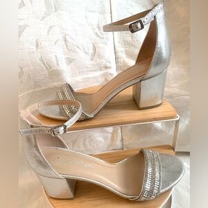 Cityclassified Block Heels Rhinestone Toe Strap, Silver, Ankle Strap Sandals